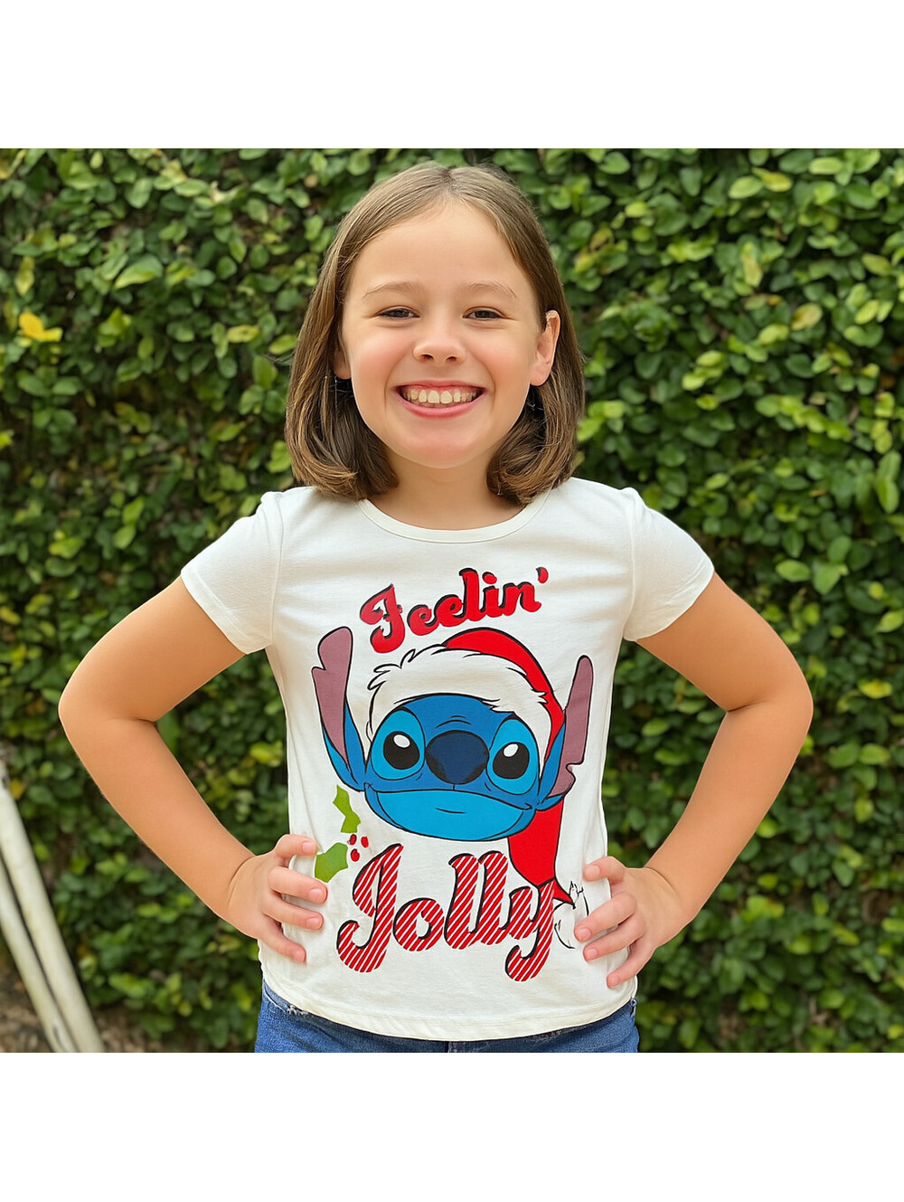Disney Girls Shirt Top Stitch "Feelin' Jolly" Christmas Cream/Off White Size 7/8